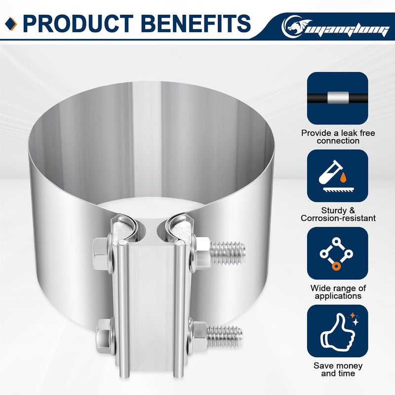 ouyanglong 5.0 Inch Exhaust Clamp, Butt Joint Band Clamp Stainless Steel Sleeve Coupler for Pipes,Mufflers,Catalytic Converters - 2 Pack - Image 5